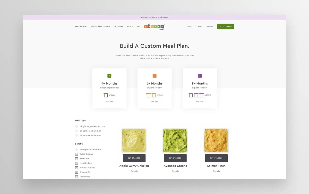 Sitio web de Square Baby, donde los clientes pueden crear un plan de comidas