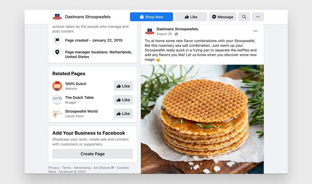 Пост в Facebook от Daelmans Stroopwafels, который дает клиентам идеи о том, как использовать их продукт