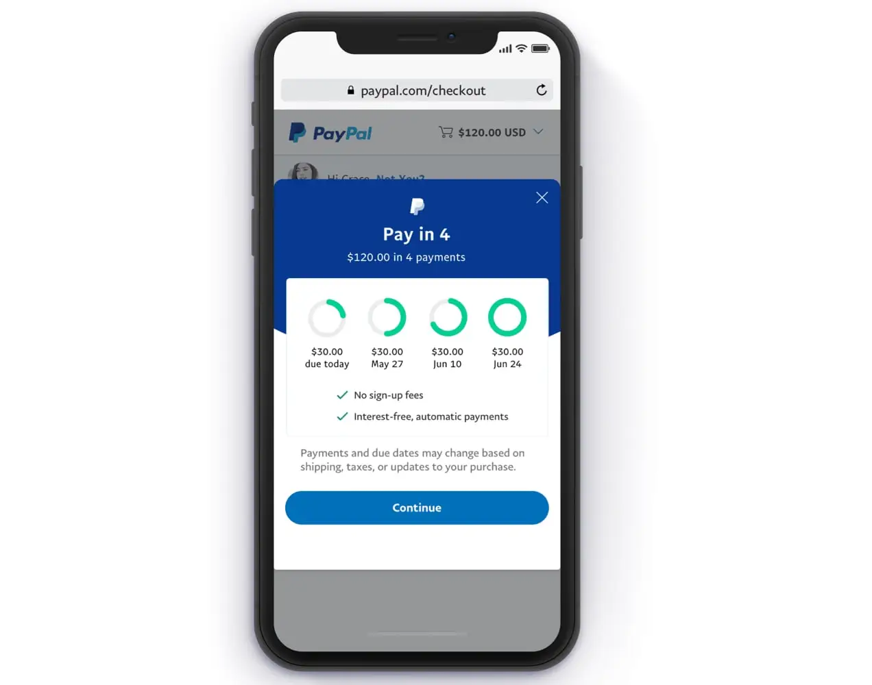 PayPal Pay in 4 auf einem mobilen Bildschirm