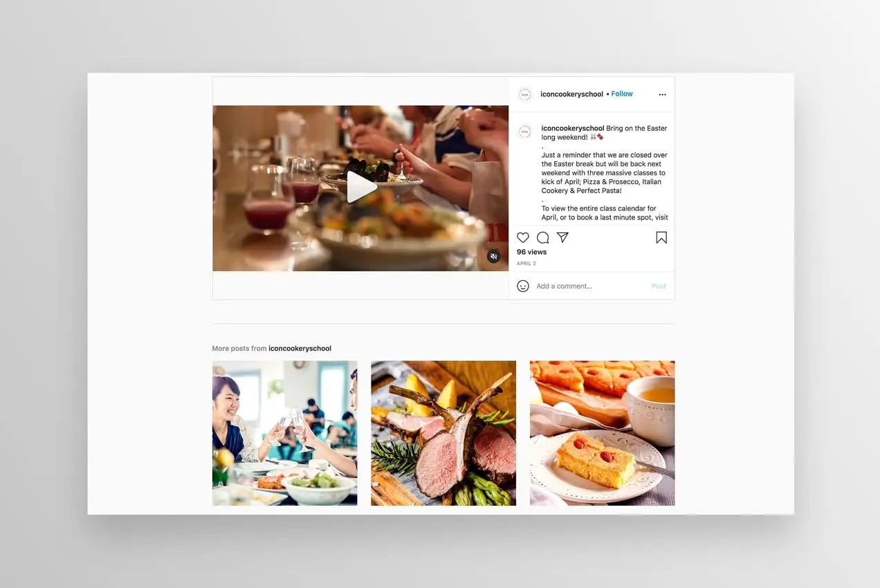 Página de Instagram de Icon Cookery School que muestra un video interesante