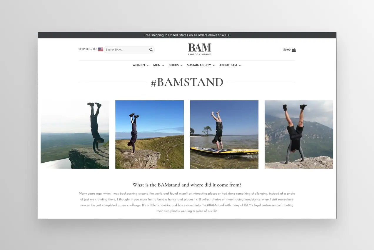 Sección #BAMSTAND en el sitio web que muestra fotos de personas haciendo handstands