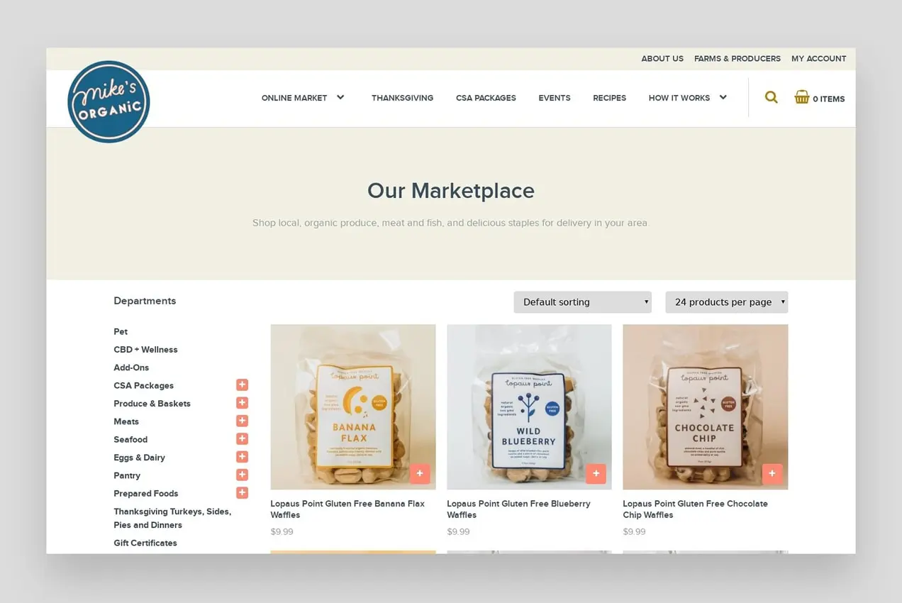 Screenshot der WooCommerce-Website, Mike's Organic Delivery, mit einer Produktseite