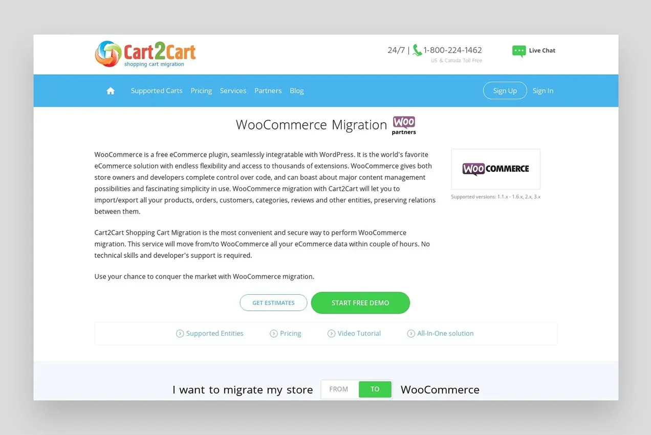 Bildschirm von Cart2Cart, der zeigt, wie man von Shopify zu WooCommerce migriert