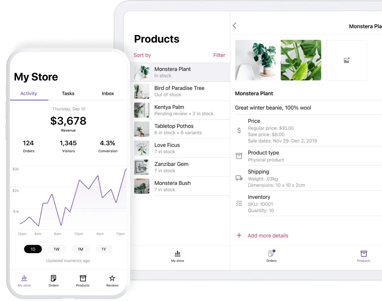 App mobile WooCommerce che mostra analisi e prodotti