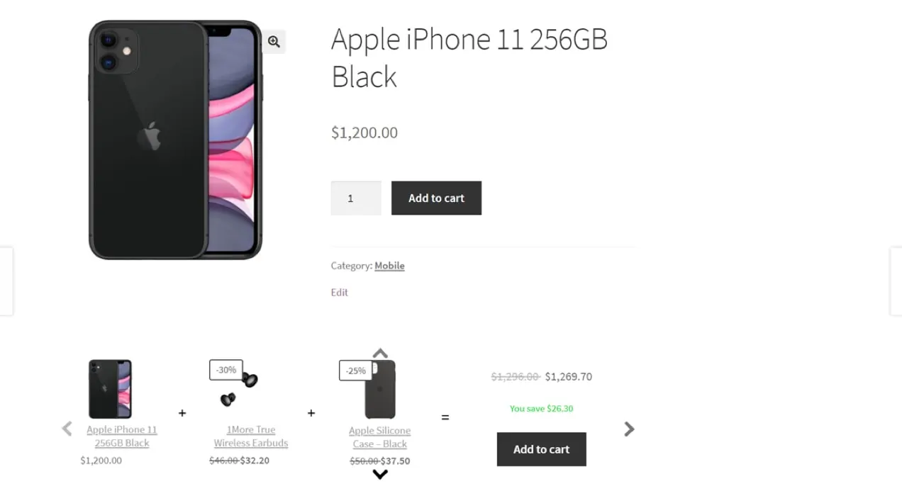 extensia Frequently Bought Together în acțiune, afișând articole recomandate pentru un iPhone