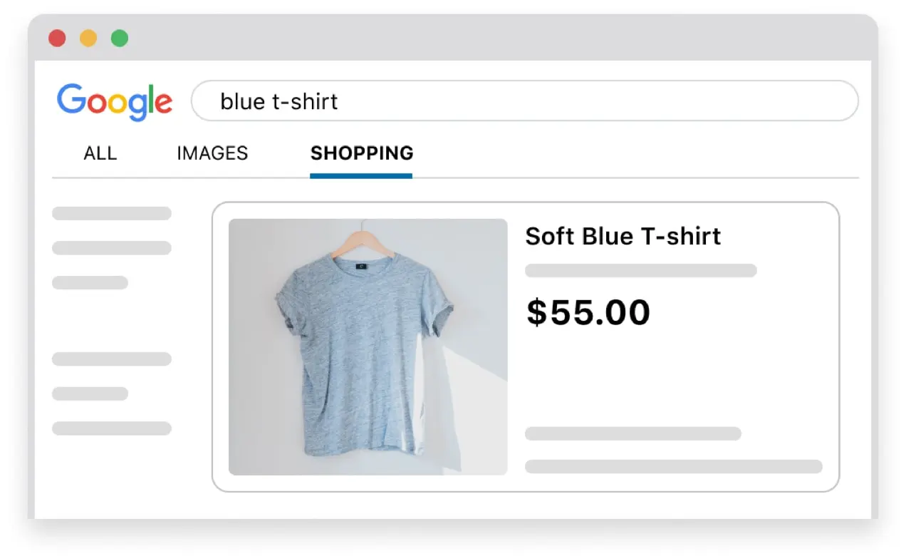 Anuncio de Google Shopping para una camiseta azul claro