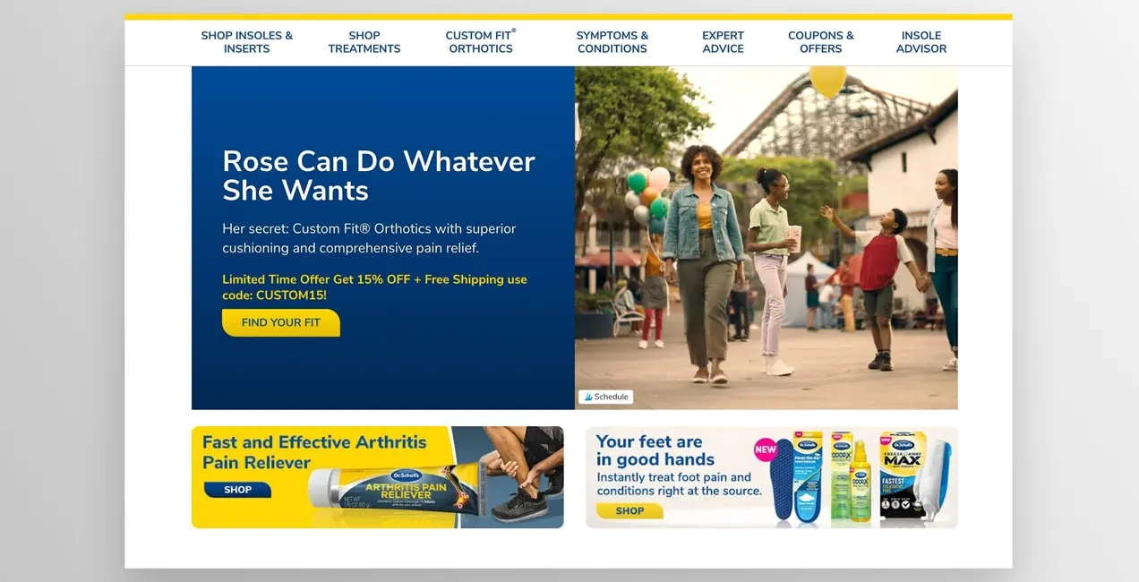 Dr Scholl's koncentruje się na zaletach swoich produktów w każdym CTA