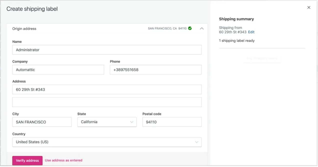 tela solicitando o endereço de origem no WooCommerce Shipping