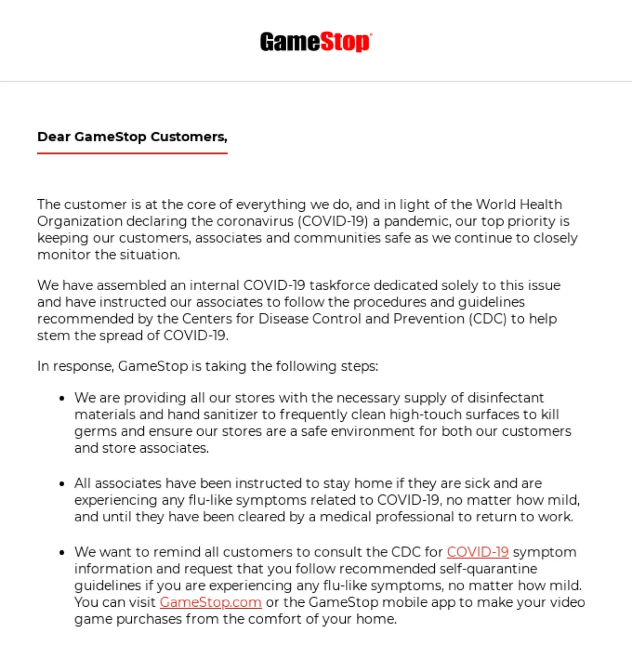 un e-mail textuel de GameStop traitant de la pandémie de COVID-19