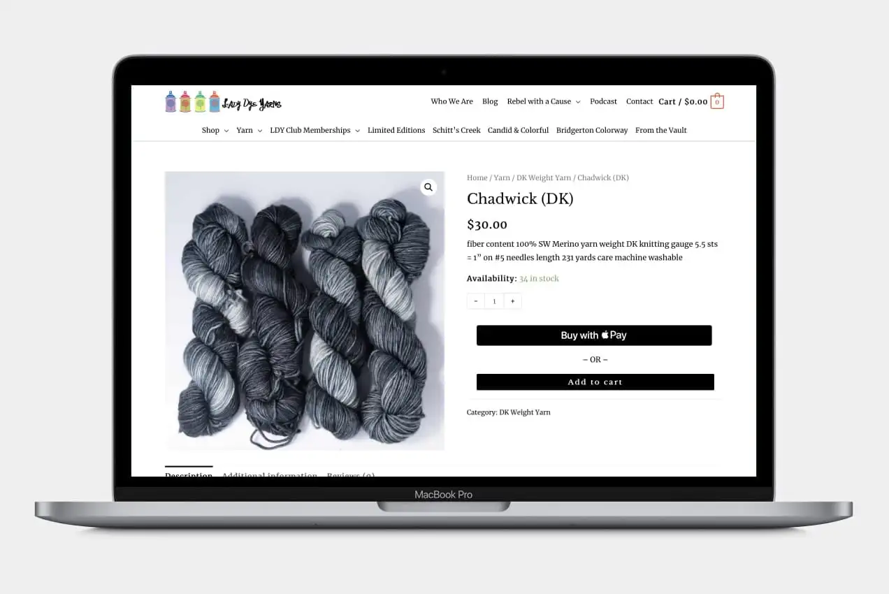 Lady Dye Yarn'ın ürünlerinden birinde görüntülenen Apple Pay seçenekleri