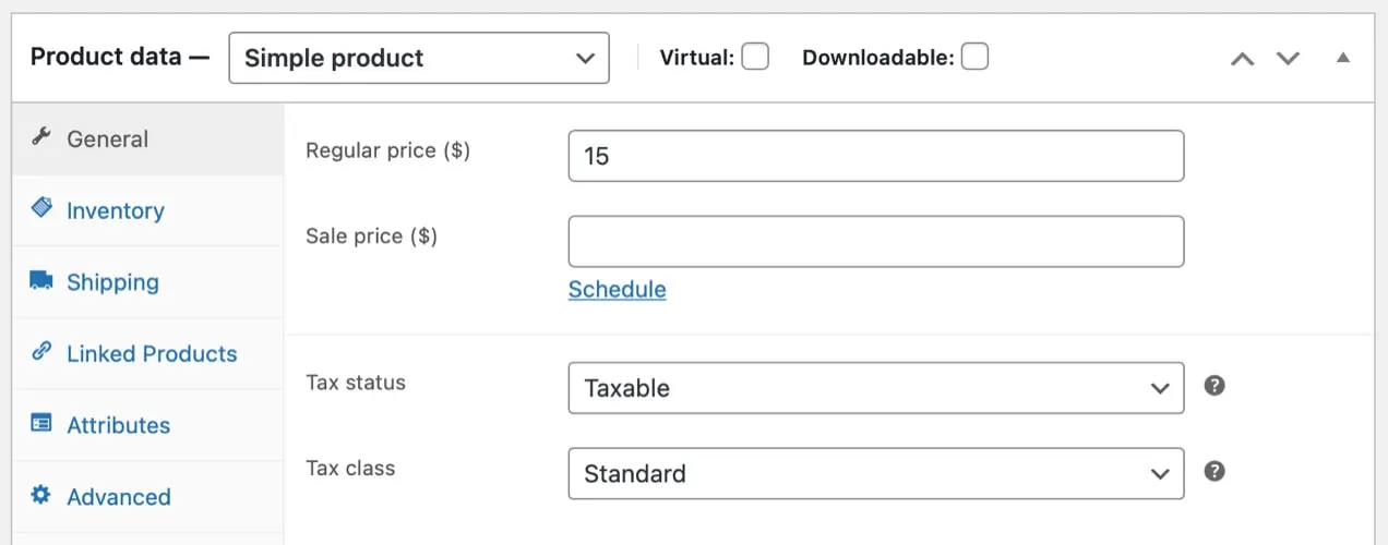 opções de produtos simples no backend do WooCommerce