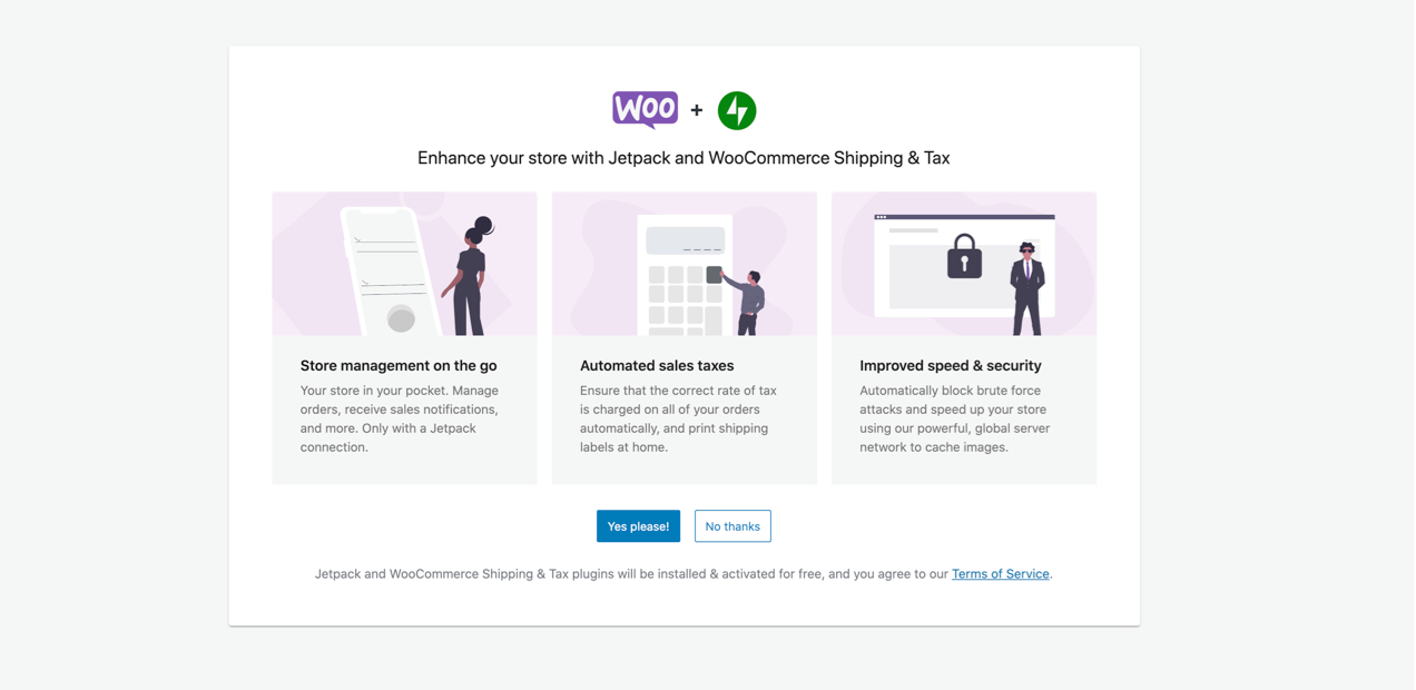 หน้าจอในวิซาร์ดการตั้งค่าขอให้คุณเปิดใช้งาน WooCommerce Shipping and Tax