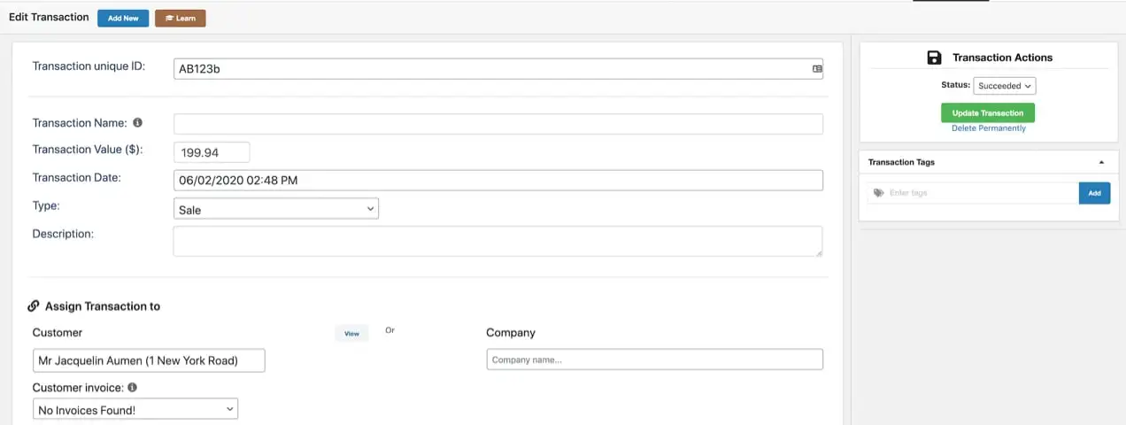 transação do cliente visualizada no Jetpack CRM