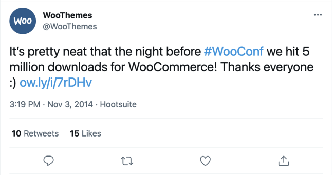 Tweet z WooThemes świętujący 5 milionów pobrań WooCommerce