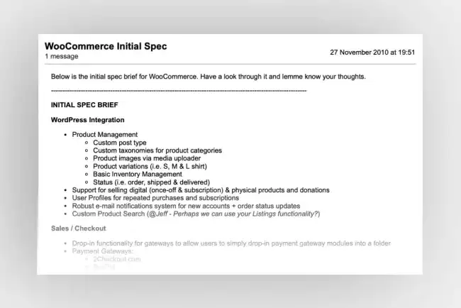 Extrait d'un e-mail envoyé en 2010 contenant la spécification initiale de WooCommerce