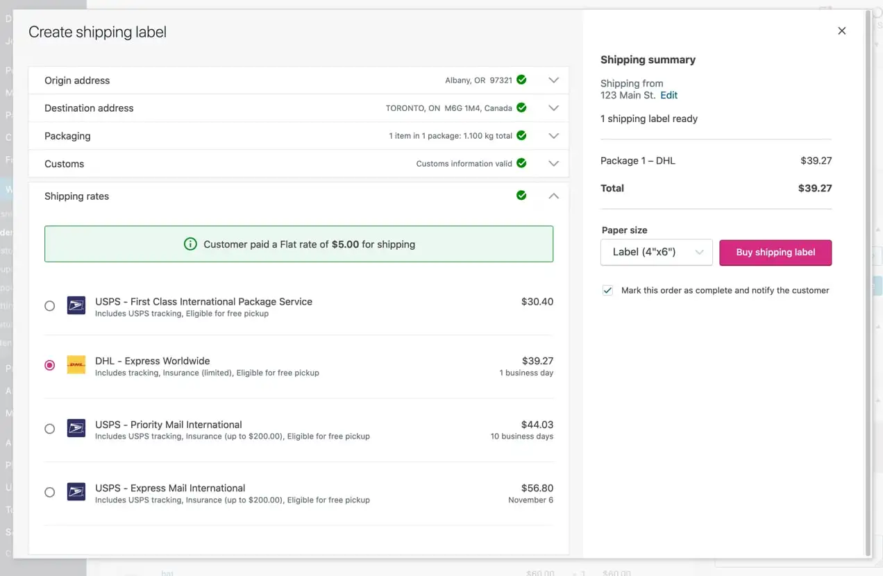 calcular el precio de una etiqueta de envío con WooCommerce Shipping y DHL