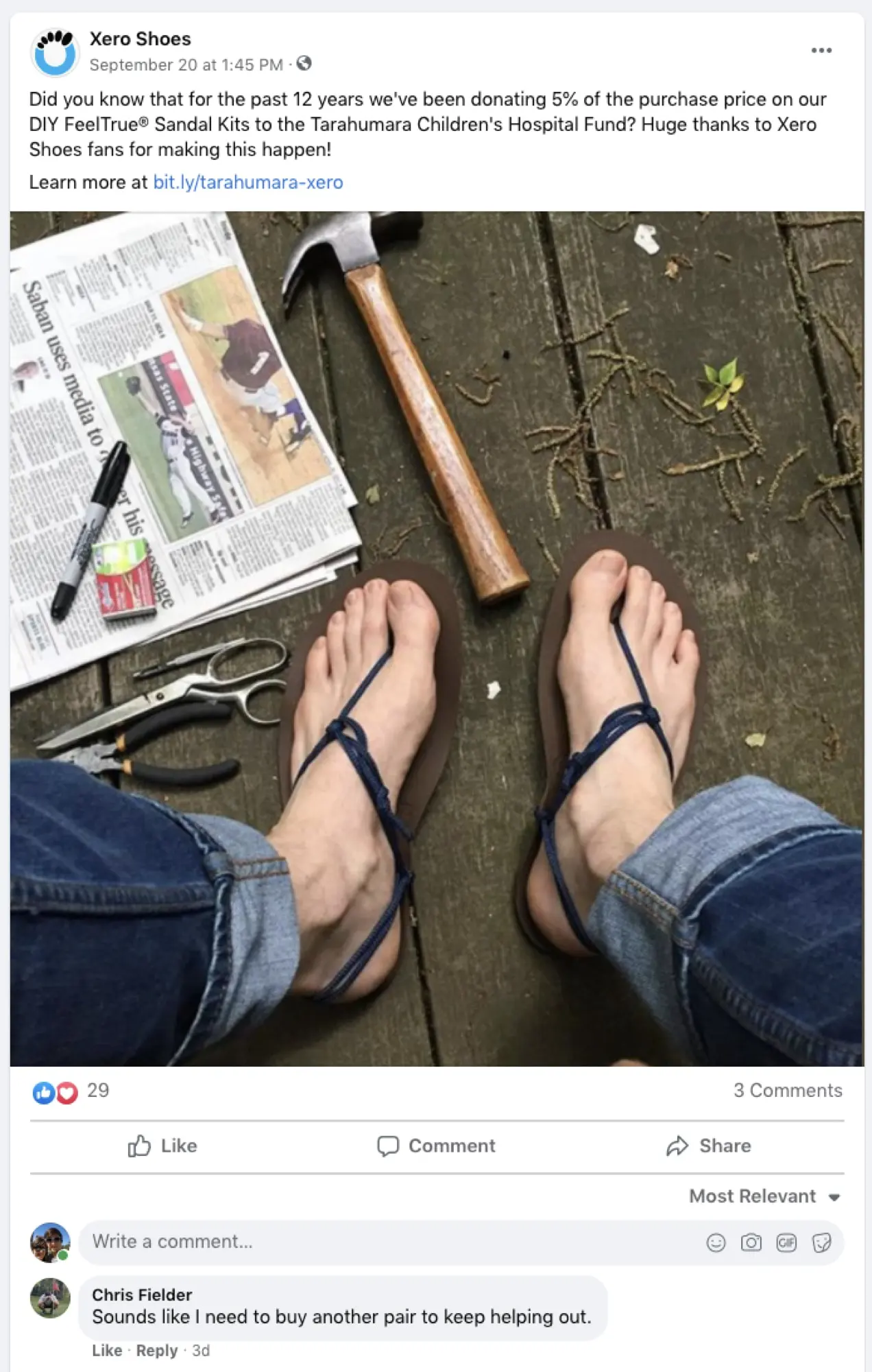 post da página do Facebook da Xero Shoes