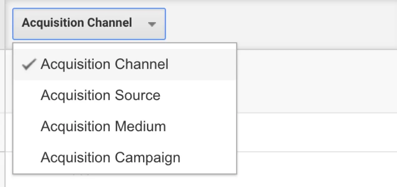 menu suspenso para selecionar canal de aquisição, origem, mídia ou campanha