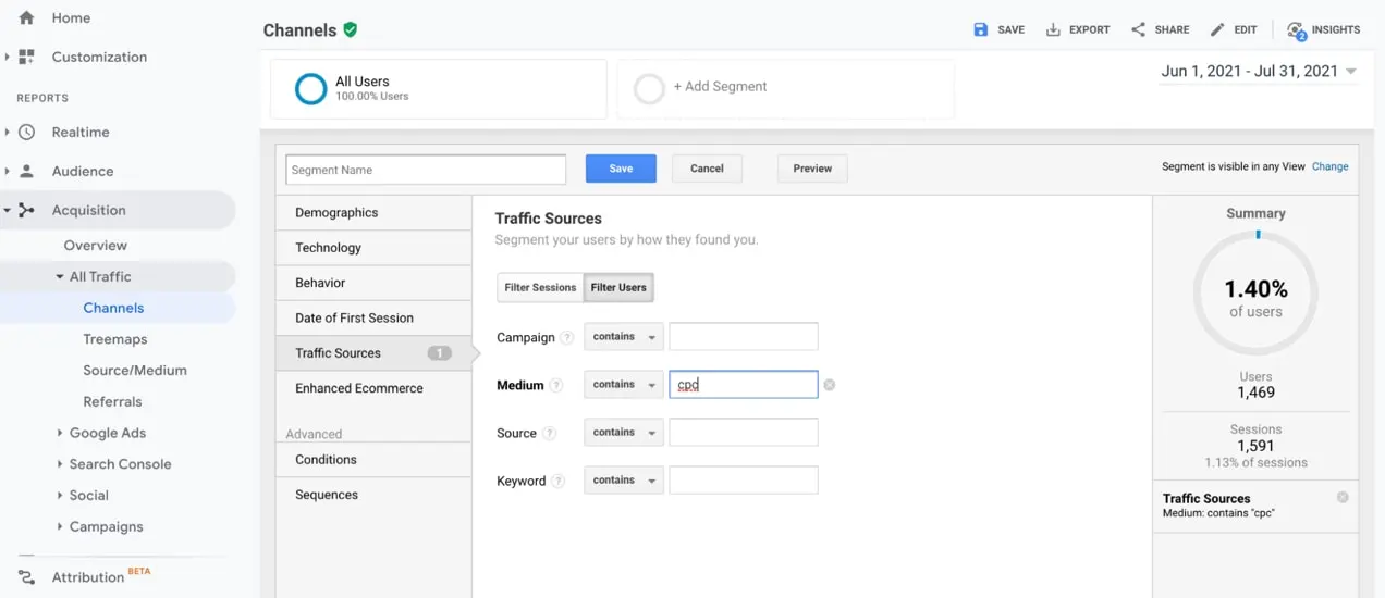 顯示 Google Analytics 中流量來源的屏幕