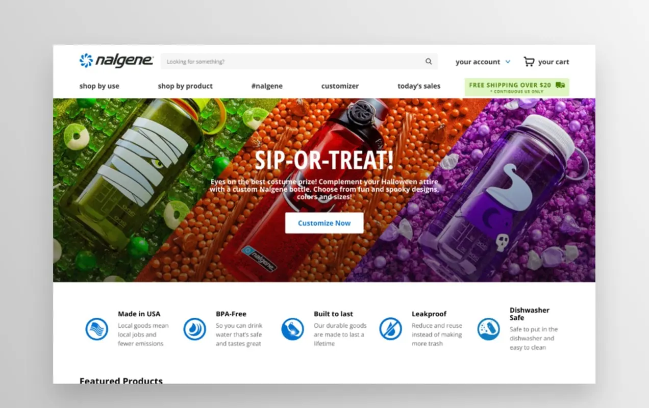 Pagina de pornire Nalgene, un magazin mare construit pe WooCommerce