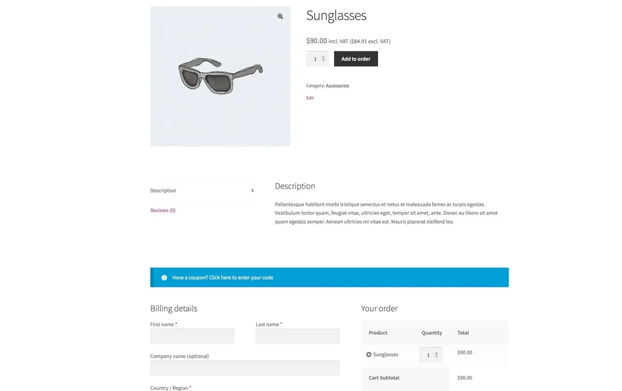 paiement en une page sur une page produit de lunettes de soleil