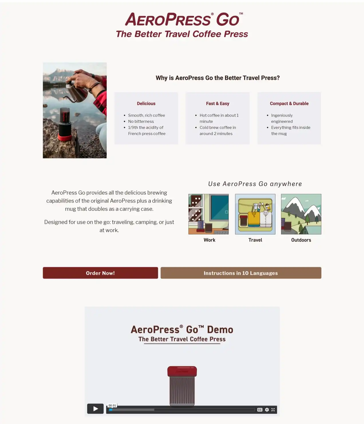 AeroPress มีวิดีโอสาธิตบนหน้า Landing Page สำหรับเครื่องชงกาแฟท่องเที่ยว