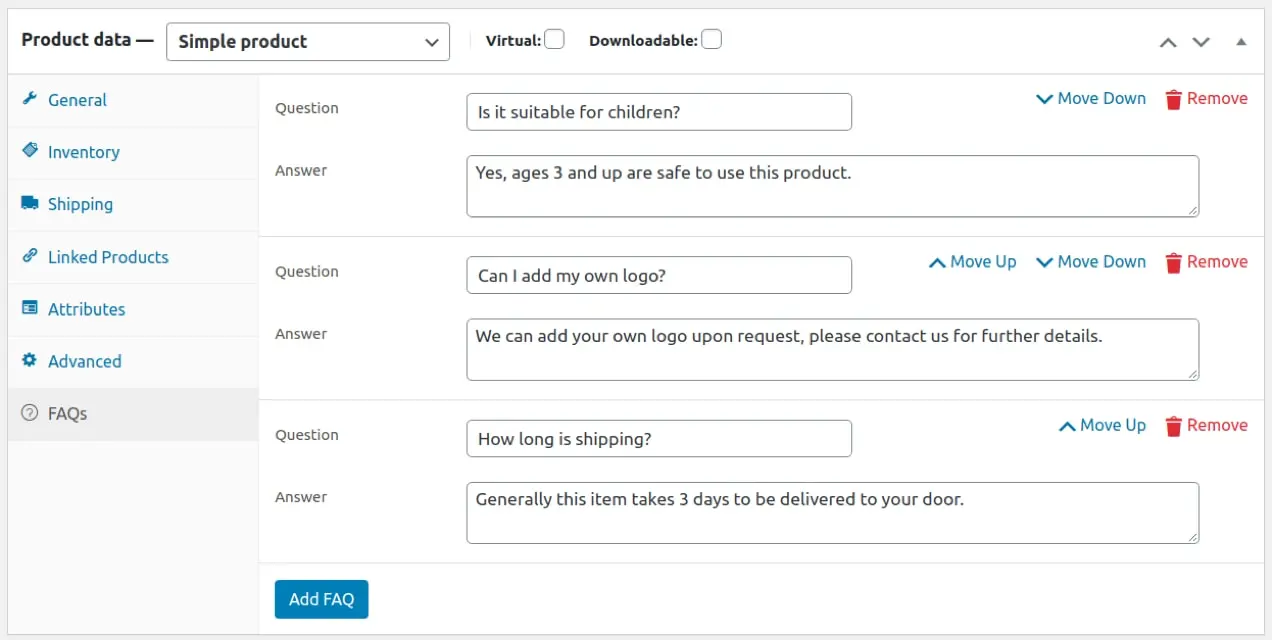 Perguntas frequentes para um produto individual