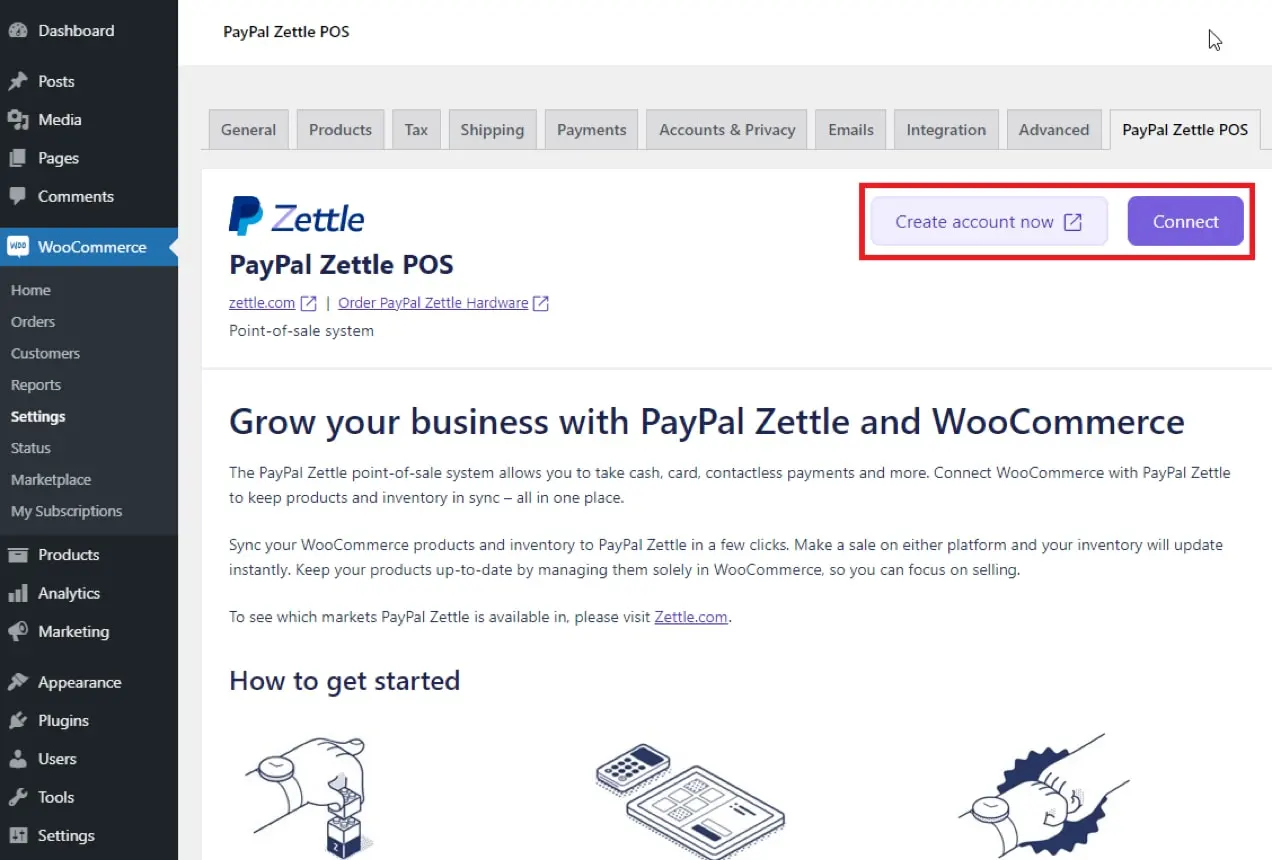 Página de configuración de PayPal Zettle