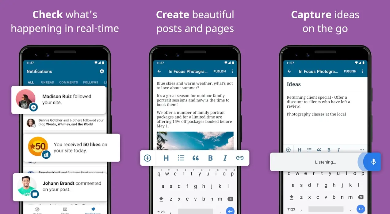 drei Bildschirme aus den mobilen WordPress-Apps