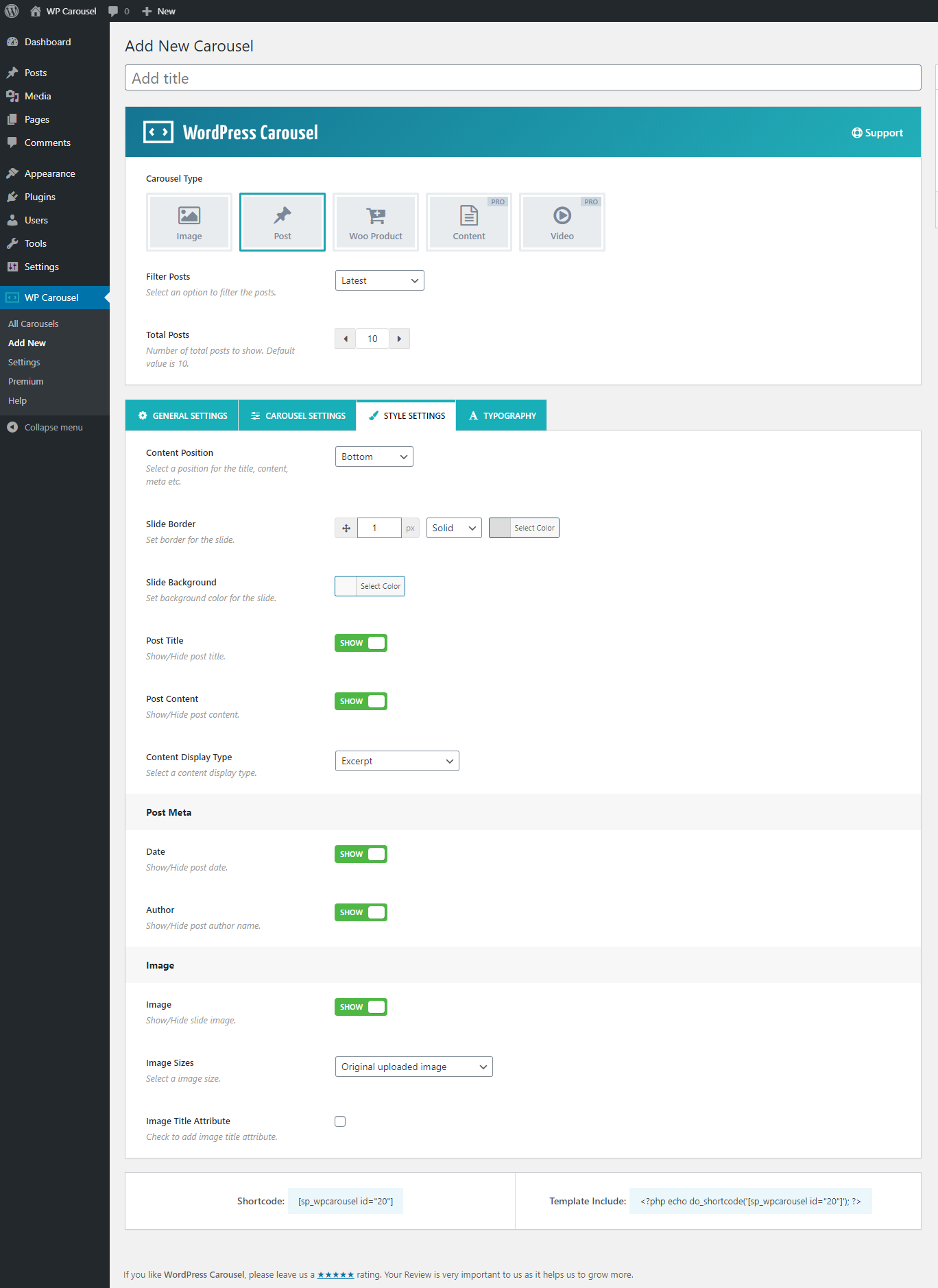 Pós carrossel (configurações de estilo)