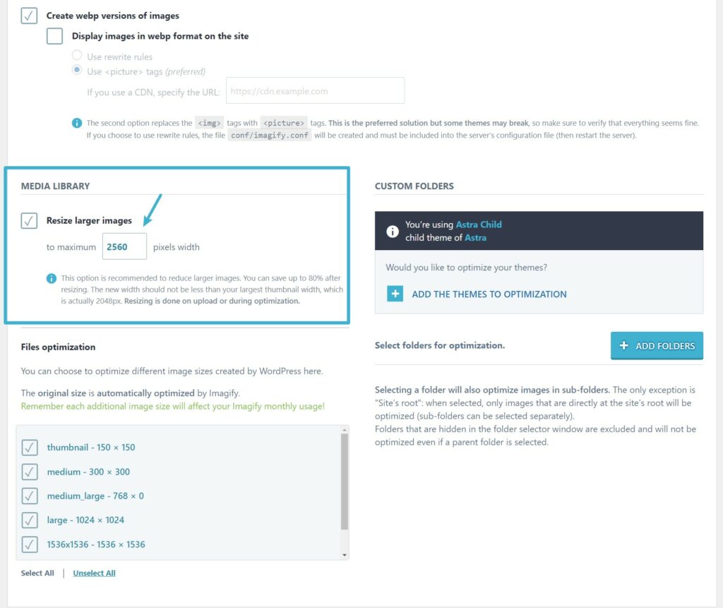 Configuração de redimensionar imagens maiores - Imagify