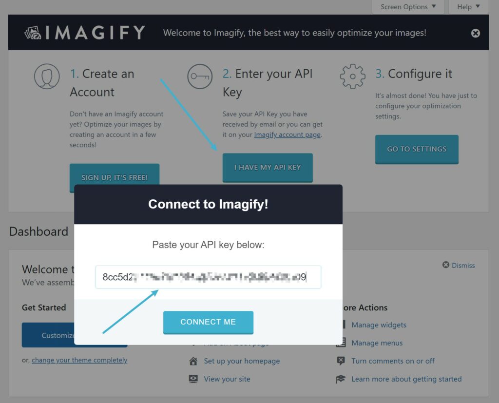 Instale Imagify y pase su clave API