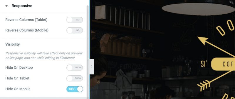 Tab Responsif dan bagian Visibilitas di Seluler - Sumber: Pembuat Situs Web Elementor