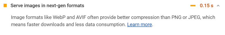 PageSpeed ​​Insights önerisi - Görüntüleri yeni nesil biçimlerde sunun