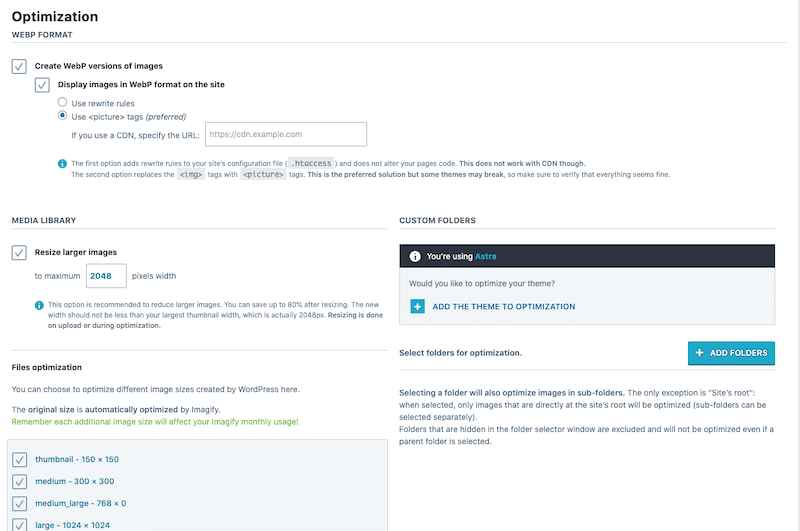 Pestaña de optimización y conversión WebP - Fuente: Imagify