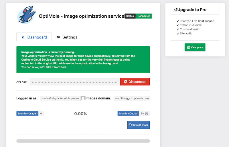 Painel e configurações - Fonte: Optimole