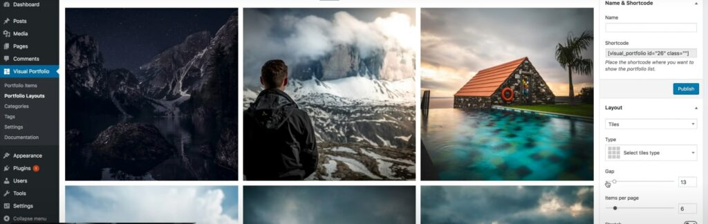 Un layout di portfolio Tiles 3 per 3 in Visual Portfolio