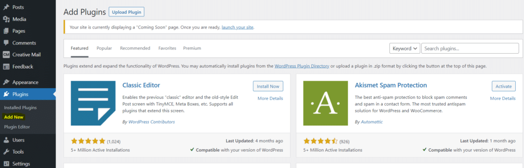 La dashboard dei plugin in WordPress