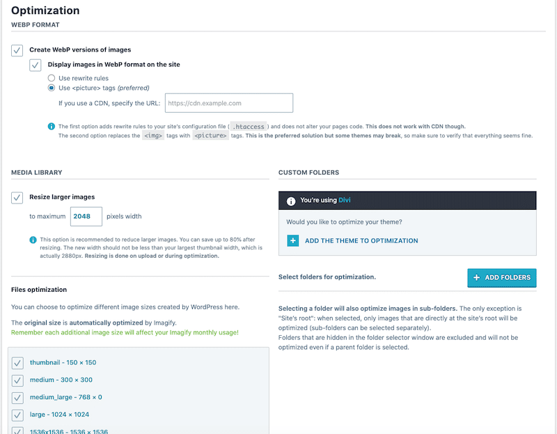 Ajustement de quelques paramètres (WebP, redimensionnement automatique, etc.) - Source : Tableau de bord Imagify