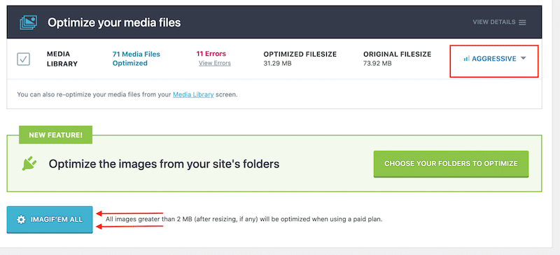 «Агрессивный» уровень сжатия и кнопка массовой оптимизации — Imagify