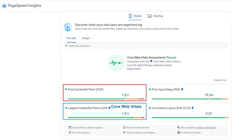 FCP i LCP, na które mają wpływ obrazy — źródło: PageSpeed ​​Insights