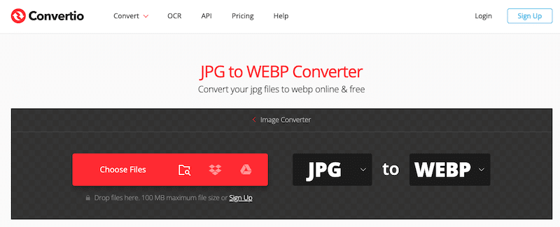 مثال على أداة قائمة على الويب لتحويل JPG إلى WebP - المصدر: Convertio