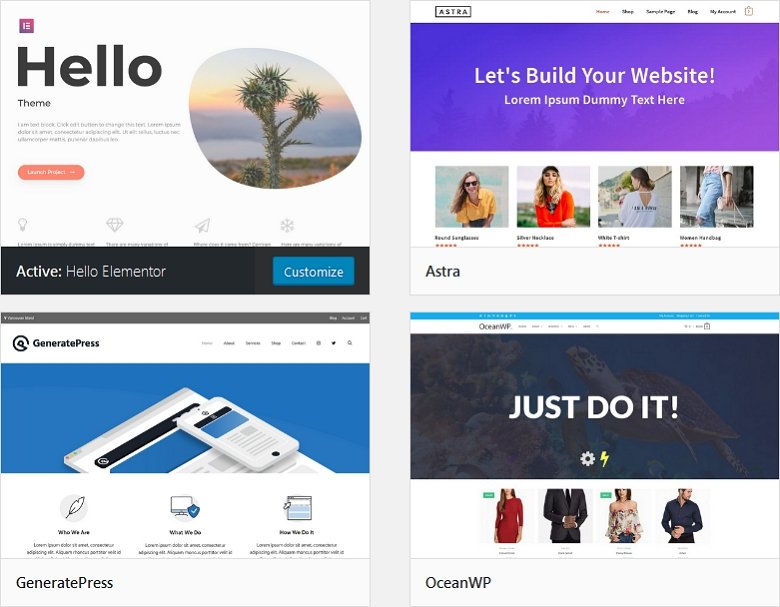 Los mejores temas para Elementor: Hello Elementor, Astra, OceanWP, GeneratePress