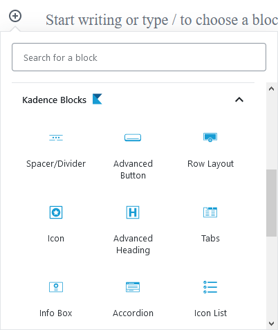 Некоторые из блоков, которые предлагает плагин Kadence Blocks