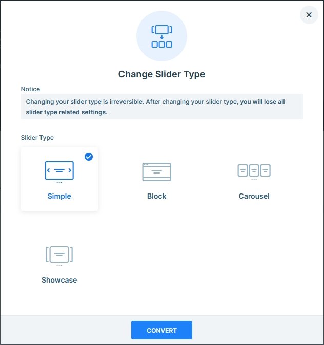 Tipos de controles deslizantes disponíveis no Smart Slider: Simples, Block, Carousel e Showcase