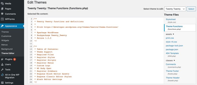 Bearbeiten der functions.php des Themes