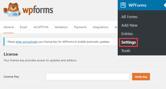 WPForms lisans anahtarını girin Enter WPForms license key