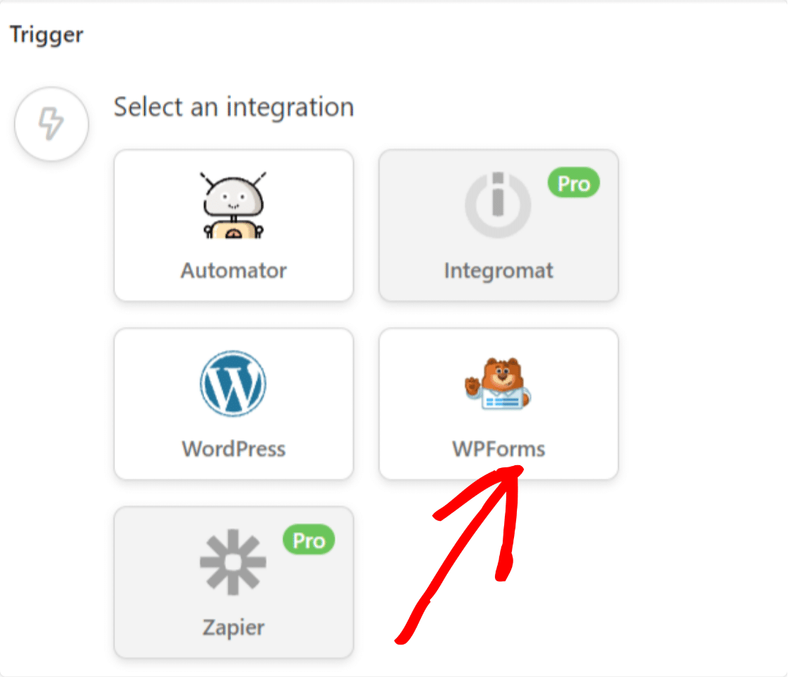 wybierz integrację wpforms w niesamowitym automatorze