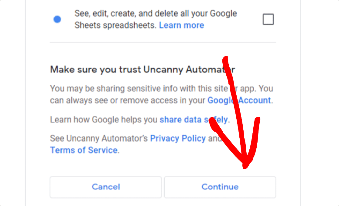 permitir que Uncannny Automator acceda a las hojas de Google