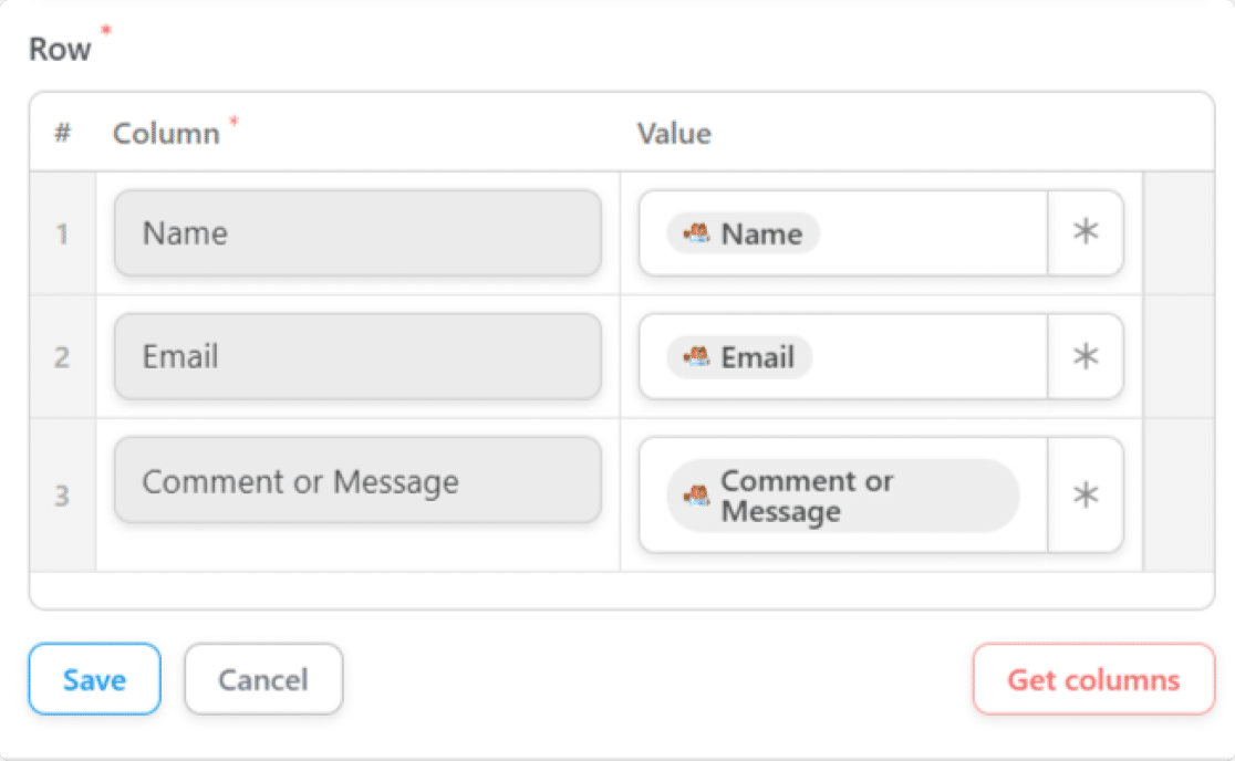 ตัวอย่างคอลัมน์และค่า wpforms